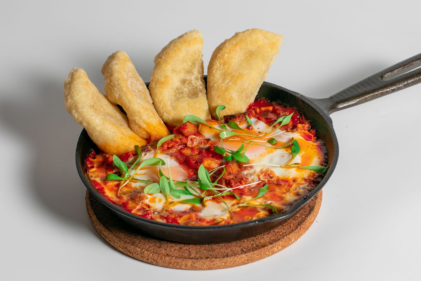 Shakshouka Chorizo in a cast-iron pan