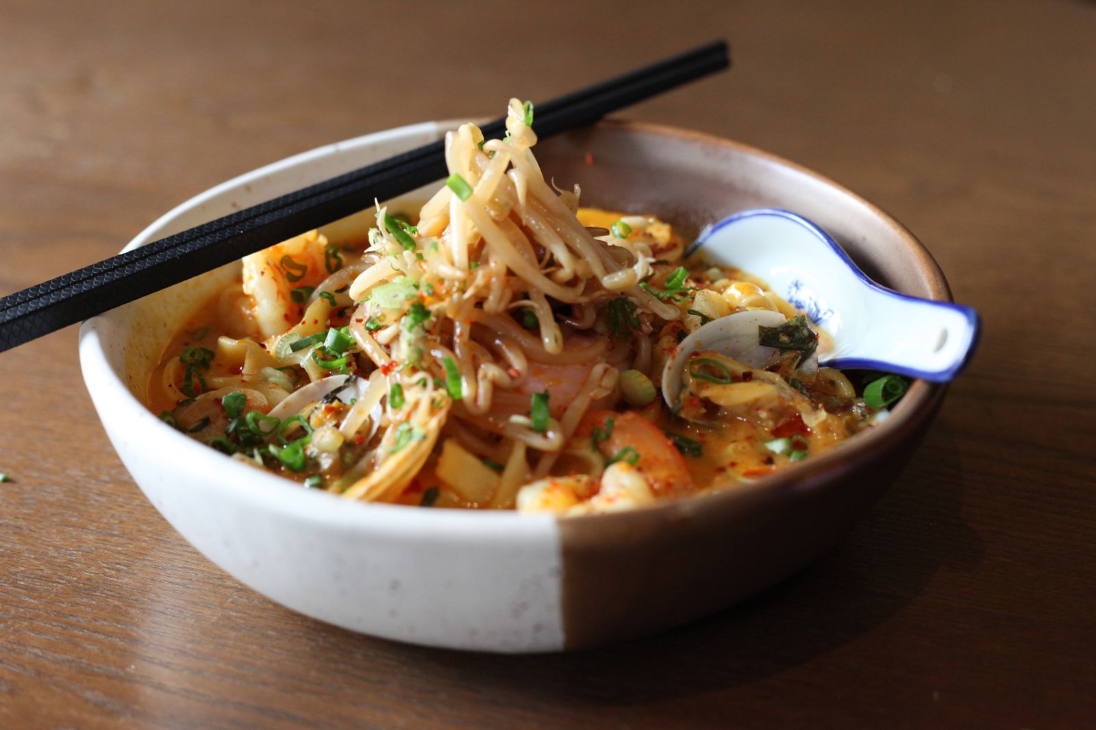 The Laksa with prawns, clams and mussels